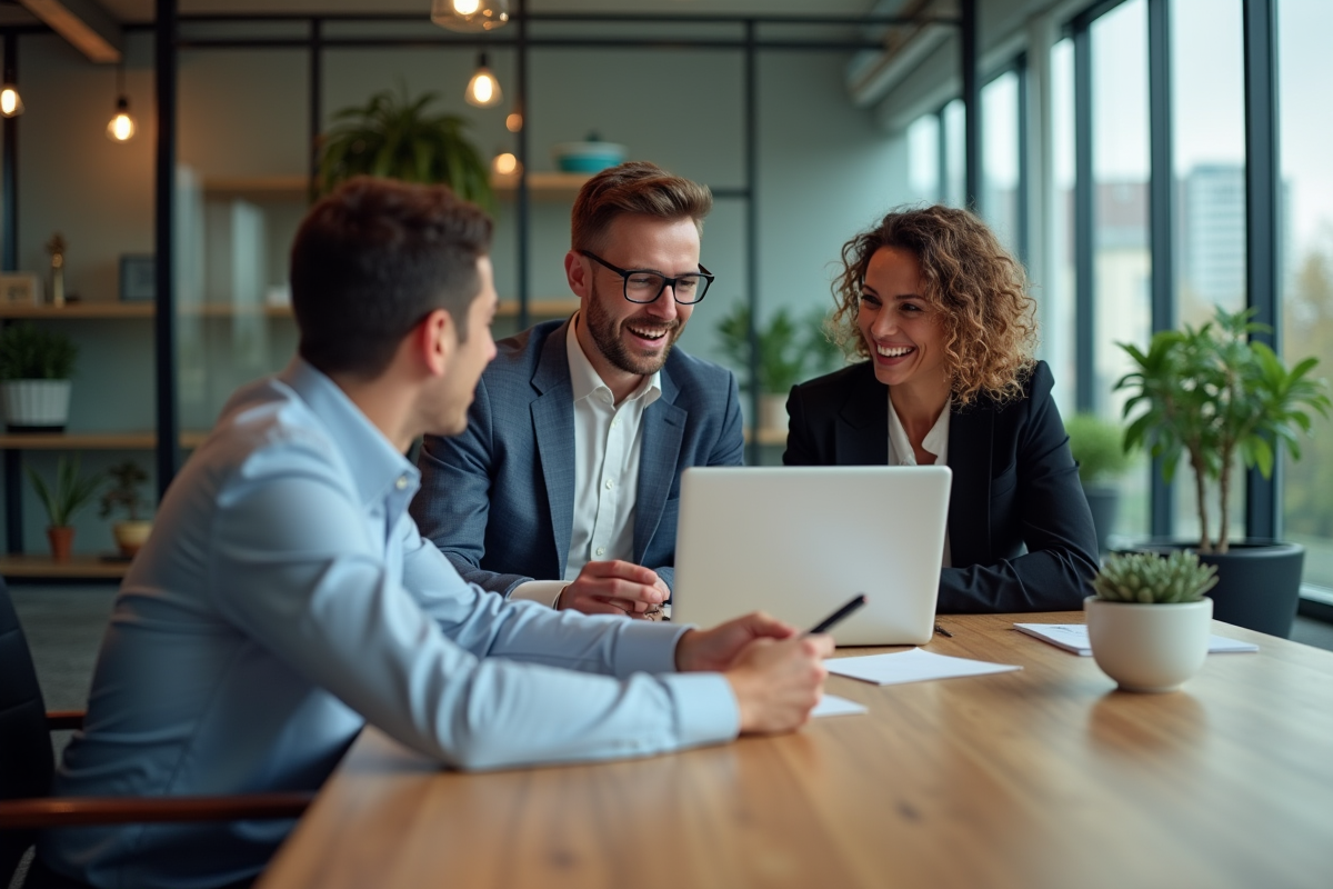 Groupe de trois personnes discutant de tendances vidéo en réunion
