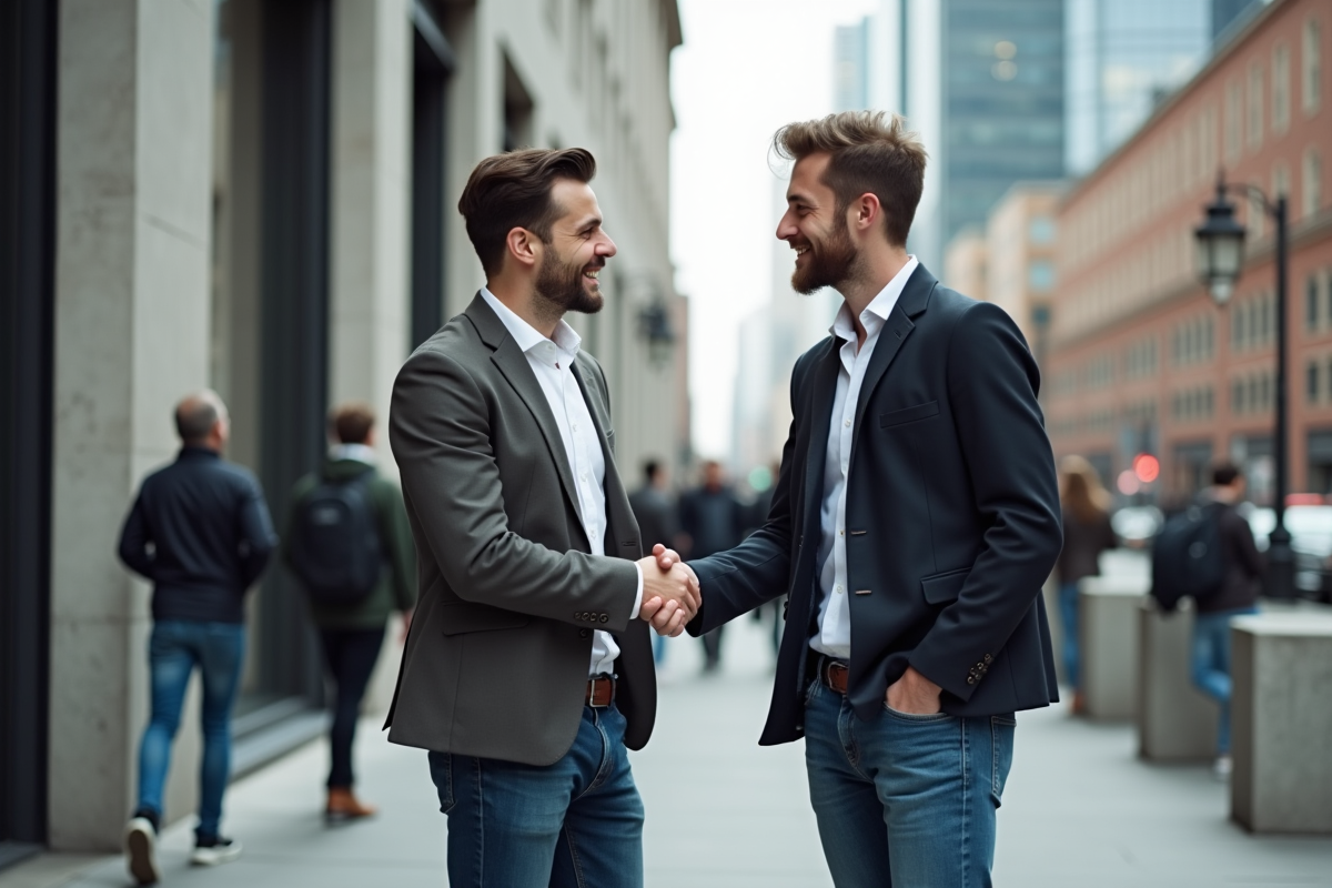 Deux hommes se serrant la main devant un bâtiment moderne en ville