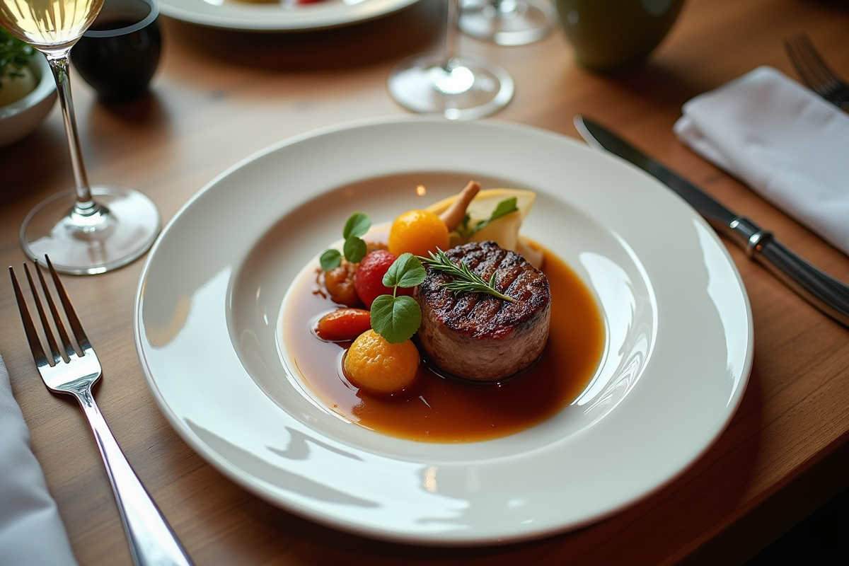 Table élégante avec filet mignon et sauces gourmandes