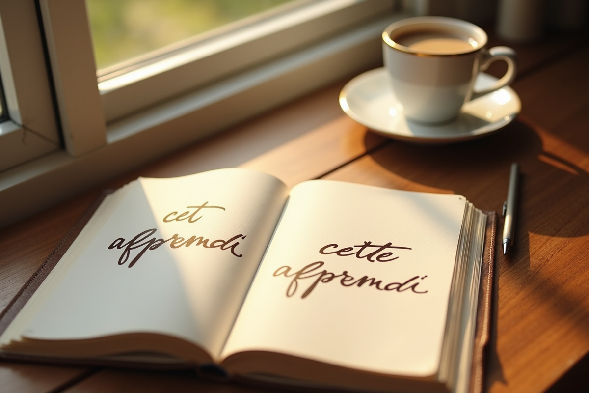 Bureau en bois avec livre de grammaire et café en lumière douce