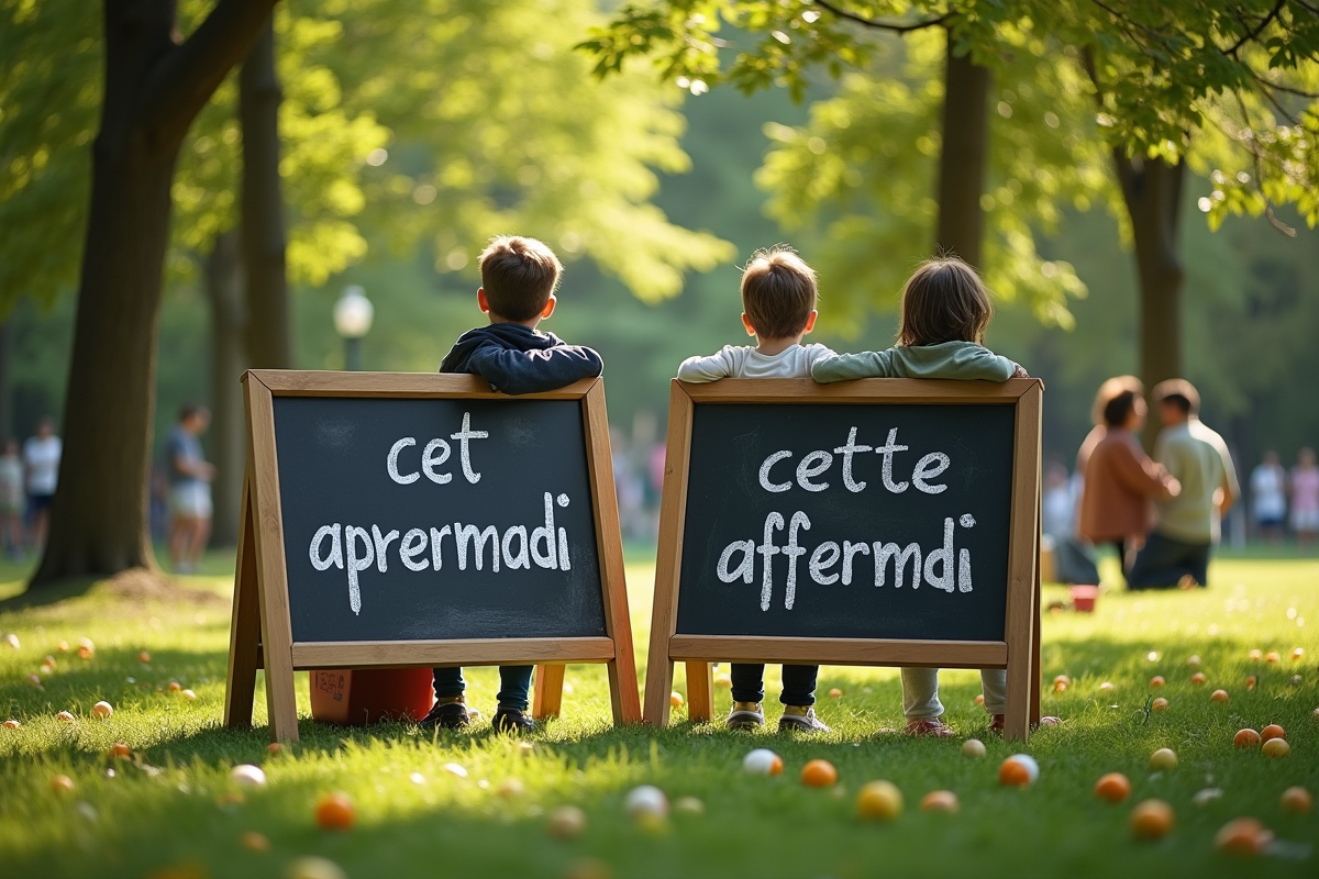 Tableaux noirs avec enfants et adultes discutant en plein air